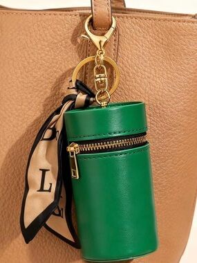 New! Green Leather Cylinder Pouch with Scarf Accent Bag Charm/Keychain (NWT)
